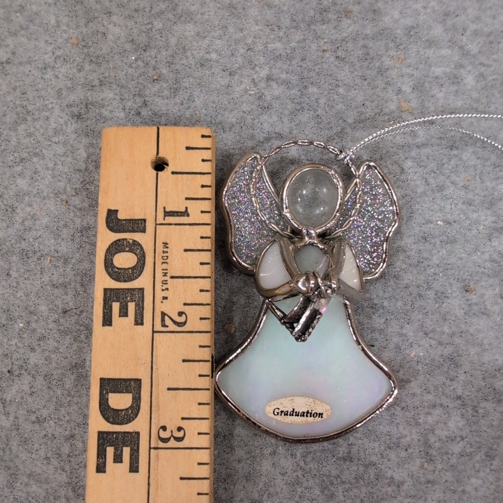 Graduation Angel Ornament Stained Glass Iridescent Silver Tone Metal Wings - Picture 5 of 5